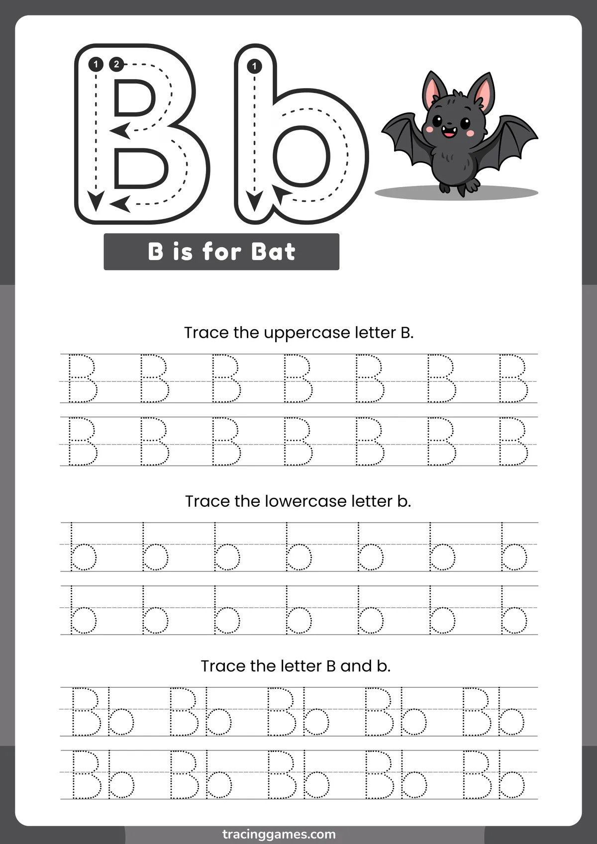 Tracing Letter B Worksheet with Bat