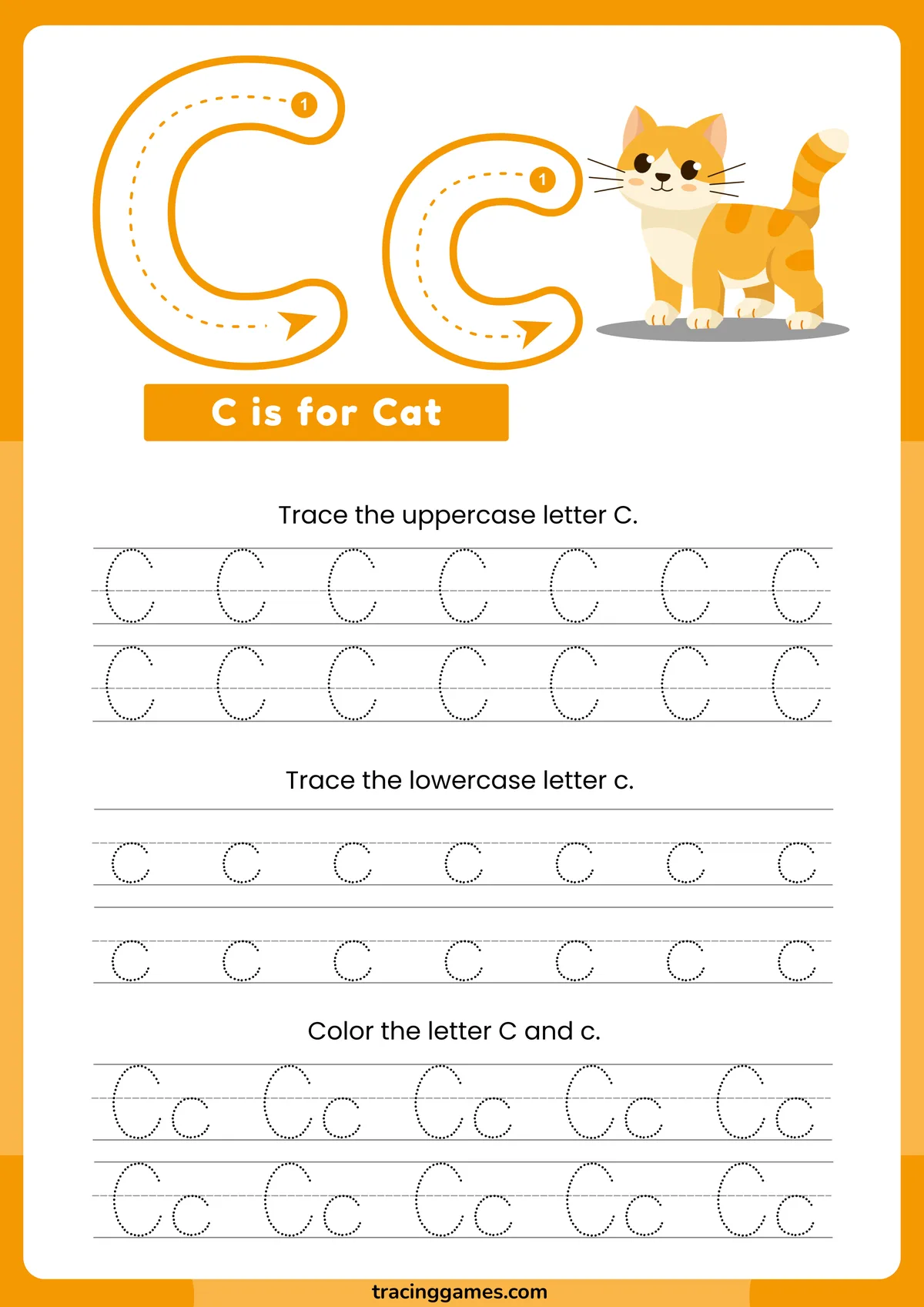 Tracing Letter C Worksheet with Cat