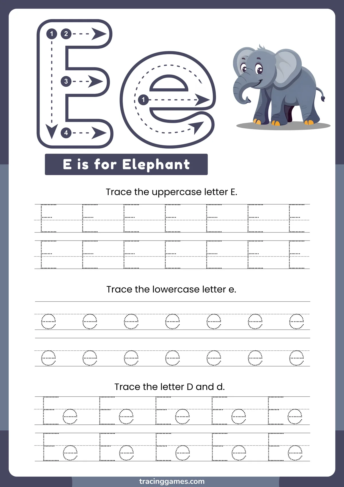 Tracing Letter E Worksheet with Elephant