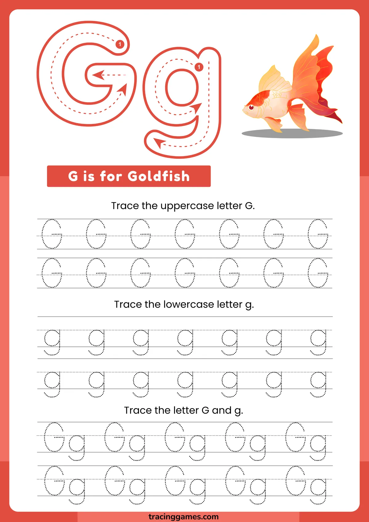 Tracing Letter G Worksheet with Goldfish