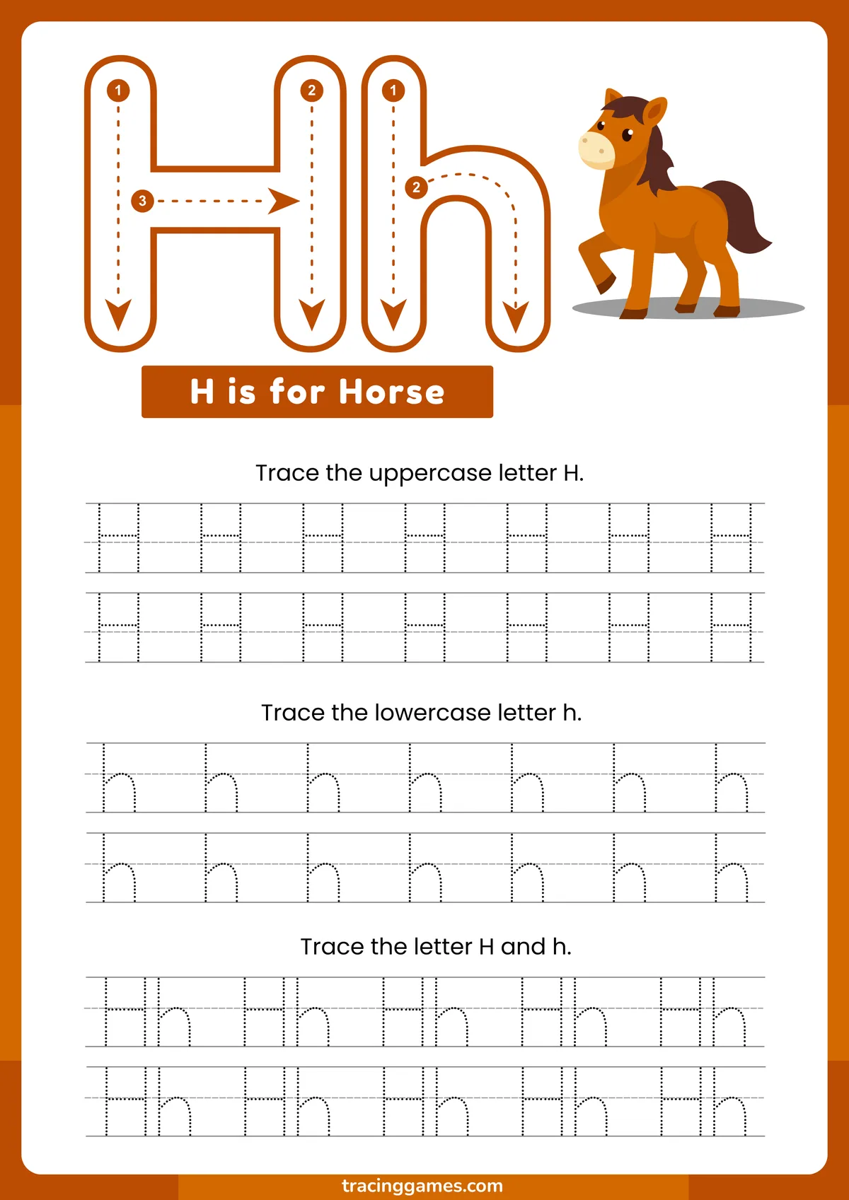 Tracing Letter H Worksheet with Horse