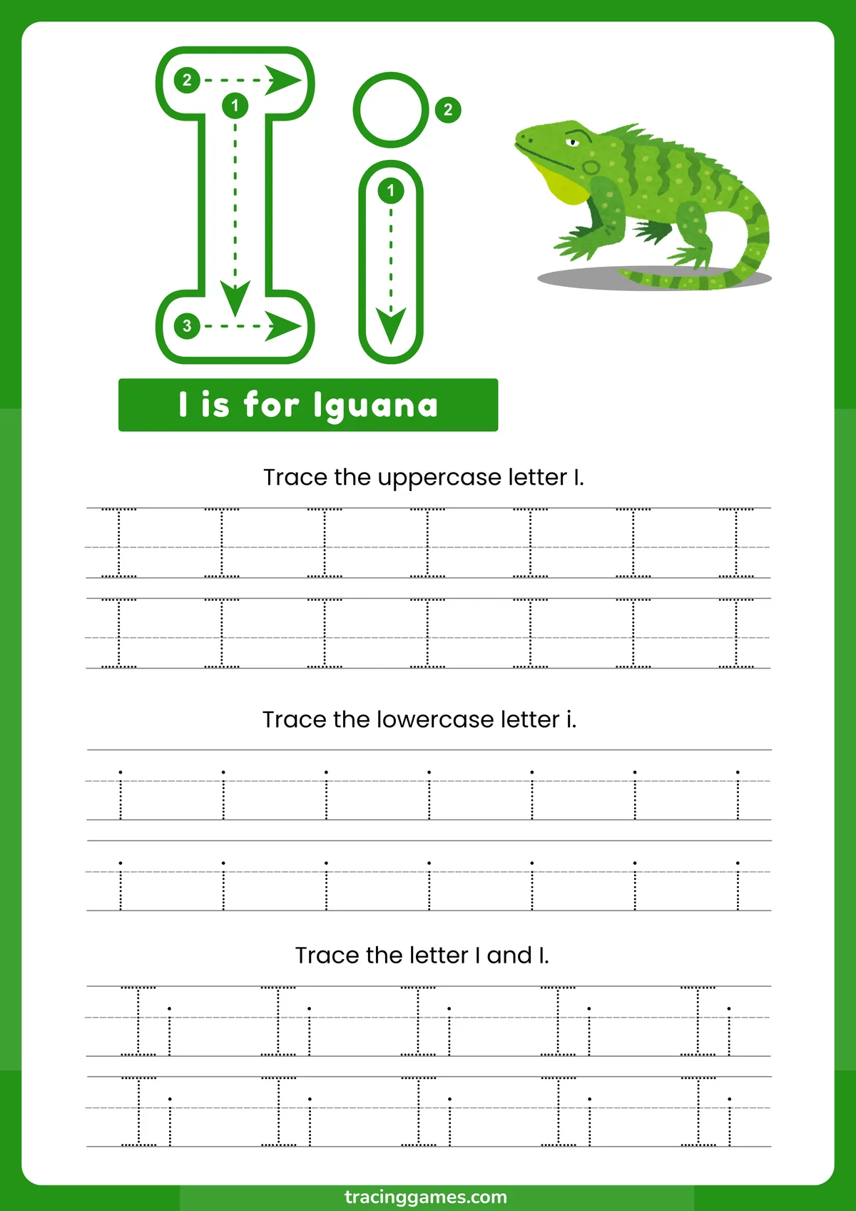 Tracing Letter I Worksheet with Iguana
