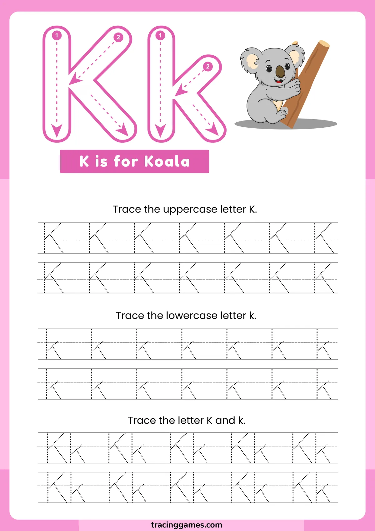 Tracing Letter K Worksheet with Koala