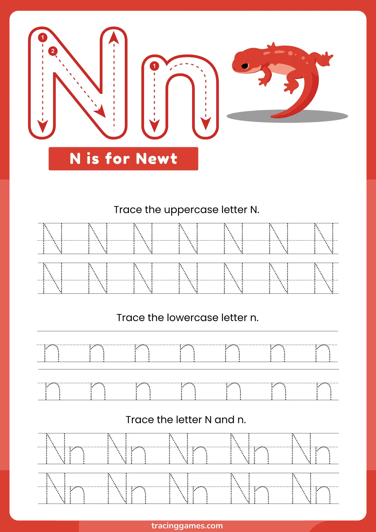 Tracing Letter N Worksheet with Newt