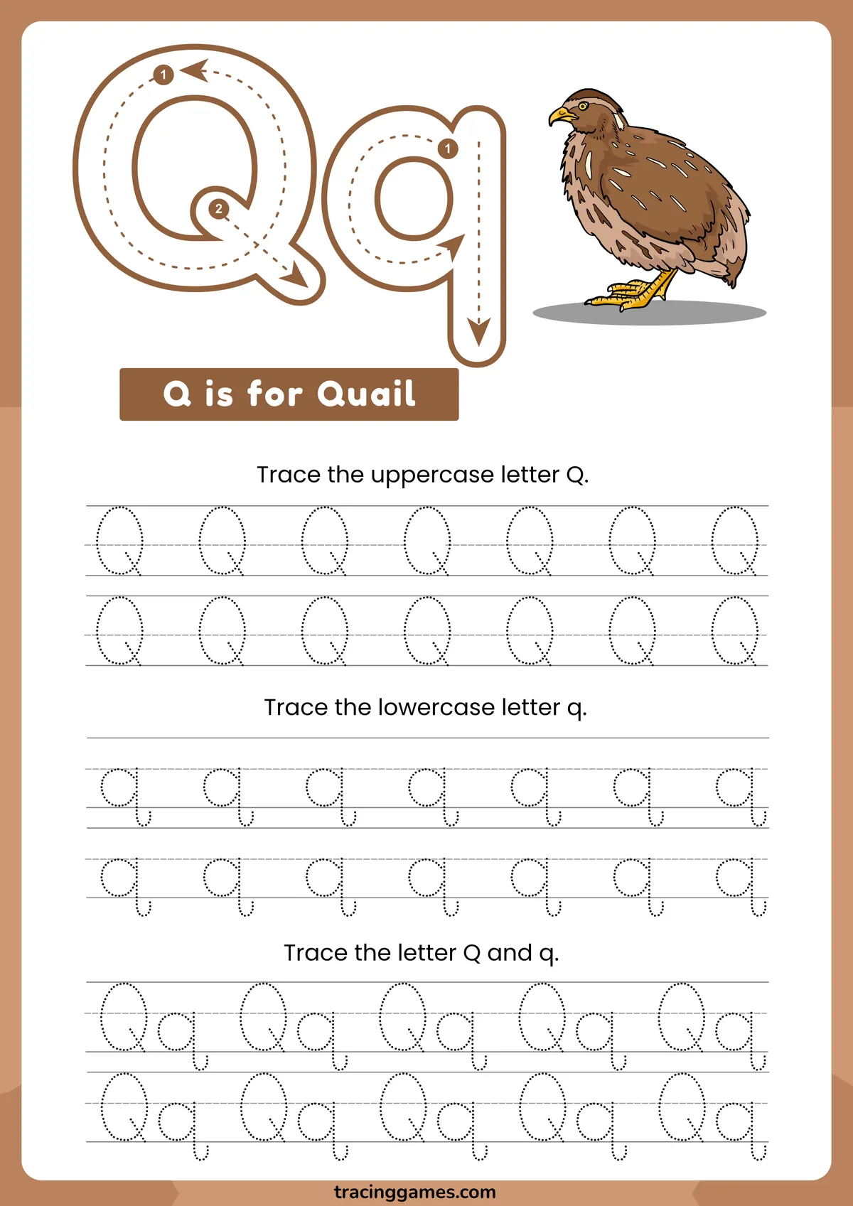 Tracing Letter Q Worksheet with Quail