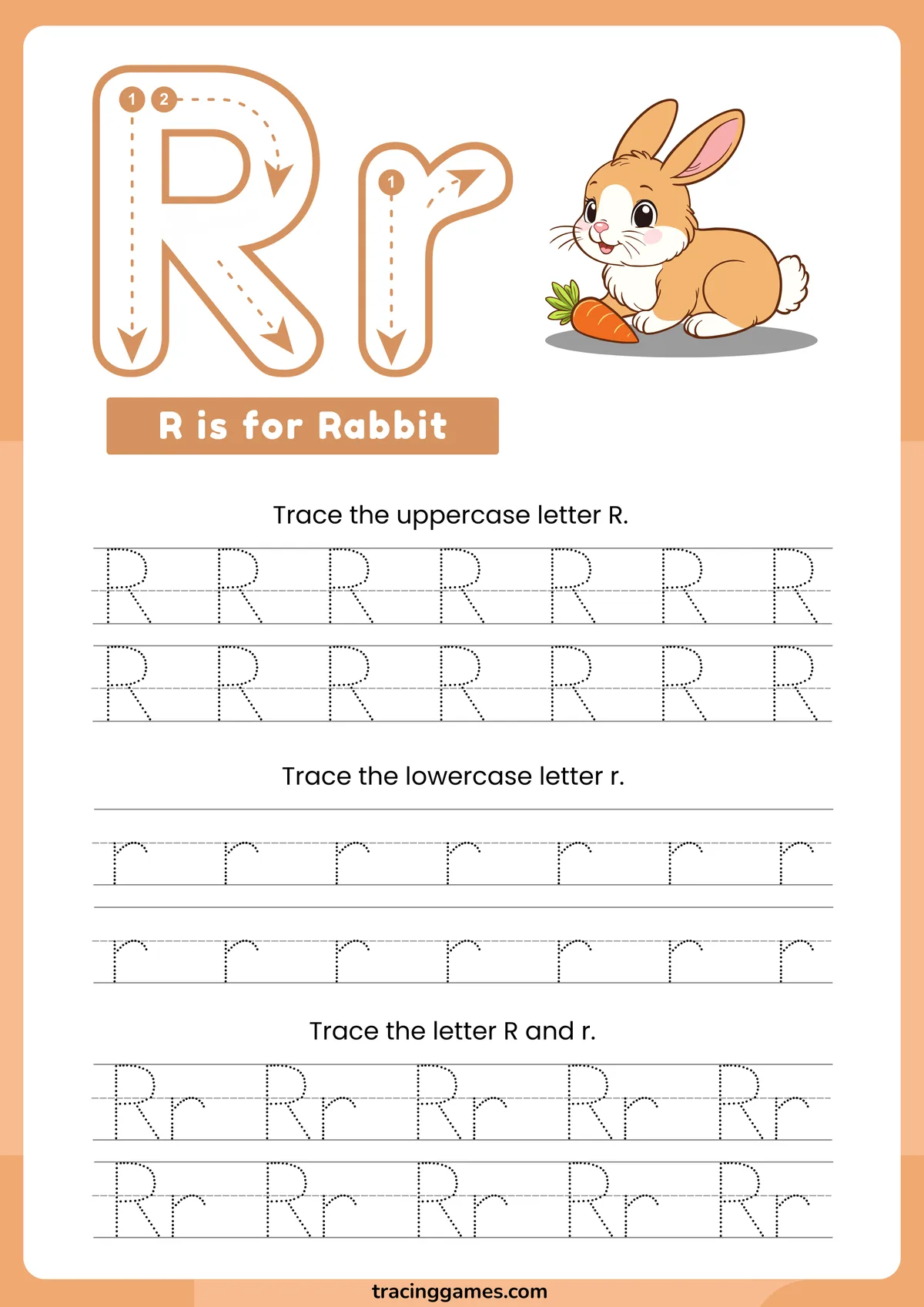 Tracing Letter R Worksheet with Rabbit