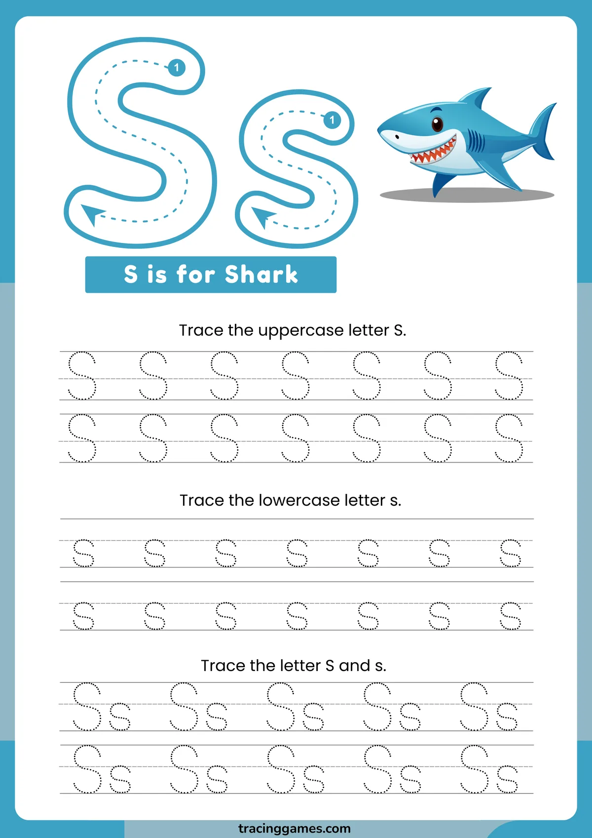 Tracing Letter S Worksheet with Shark