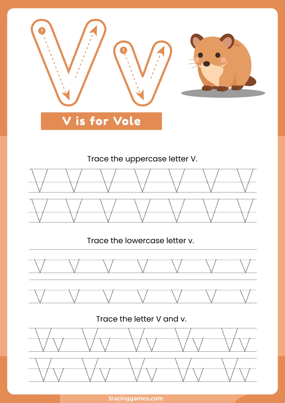 Tracing Letter V Worksheet with Vole