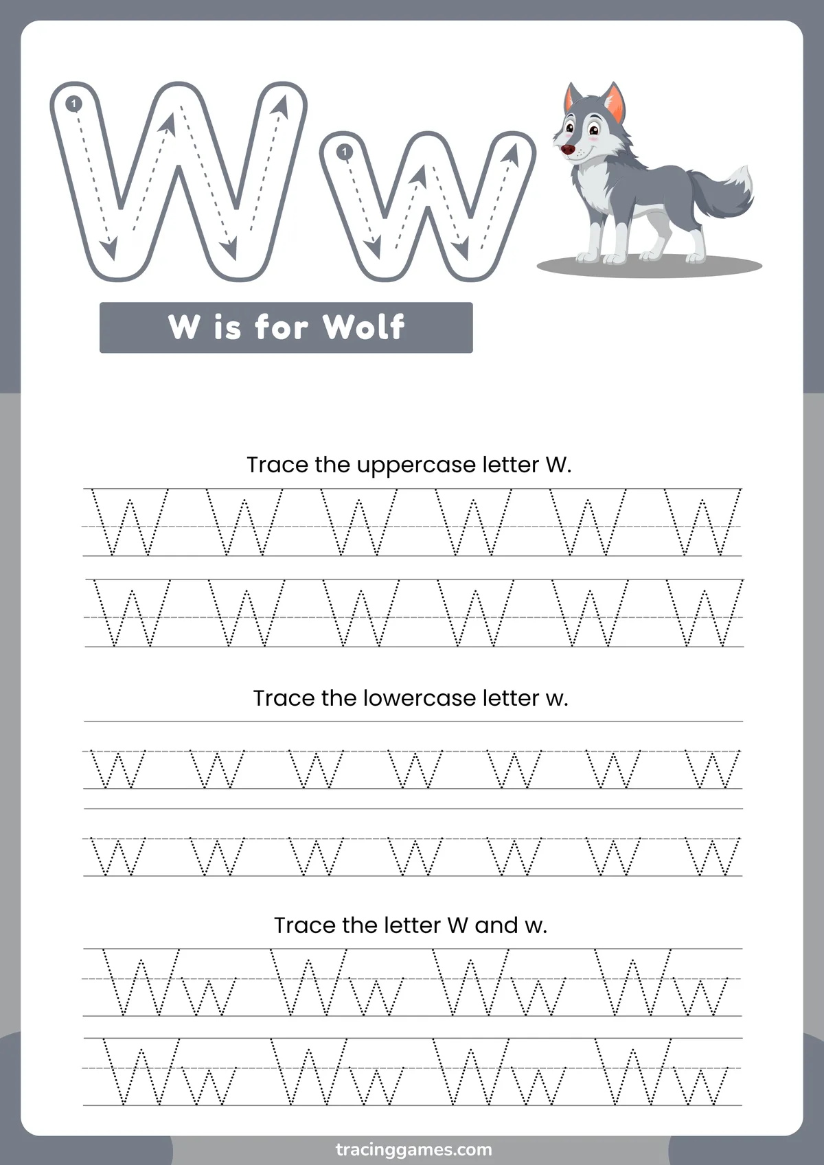 Tracing Letter W Worksheet with Wolf