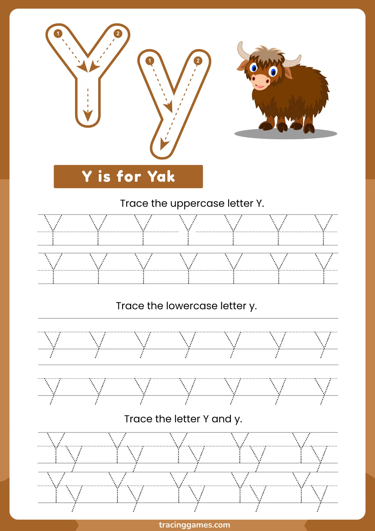 Tracing Letter Y Worksheet with Yak