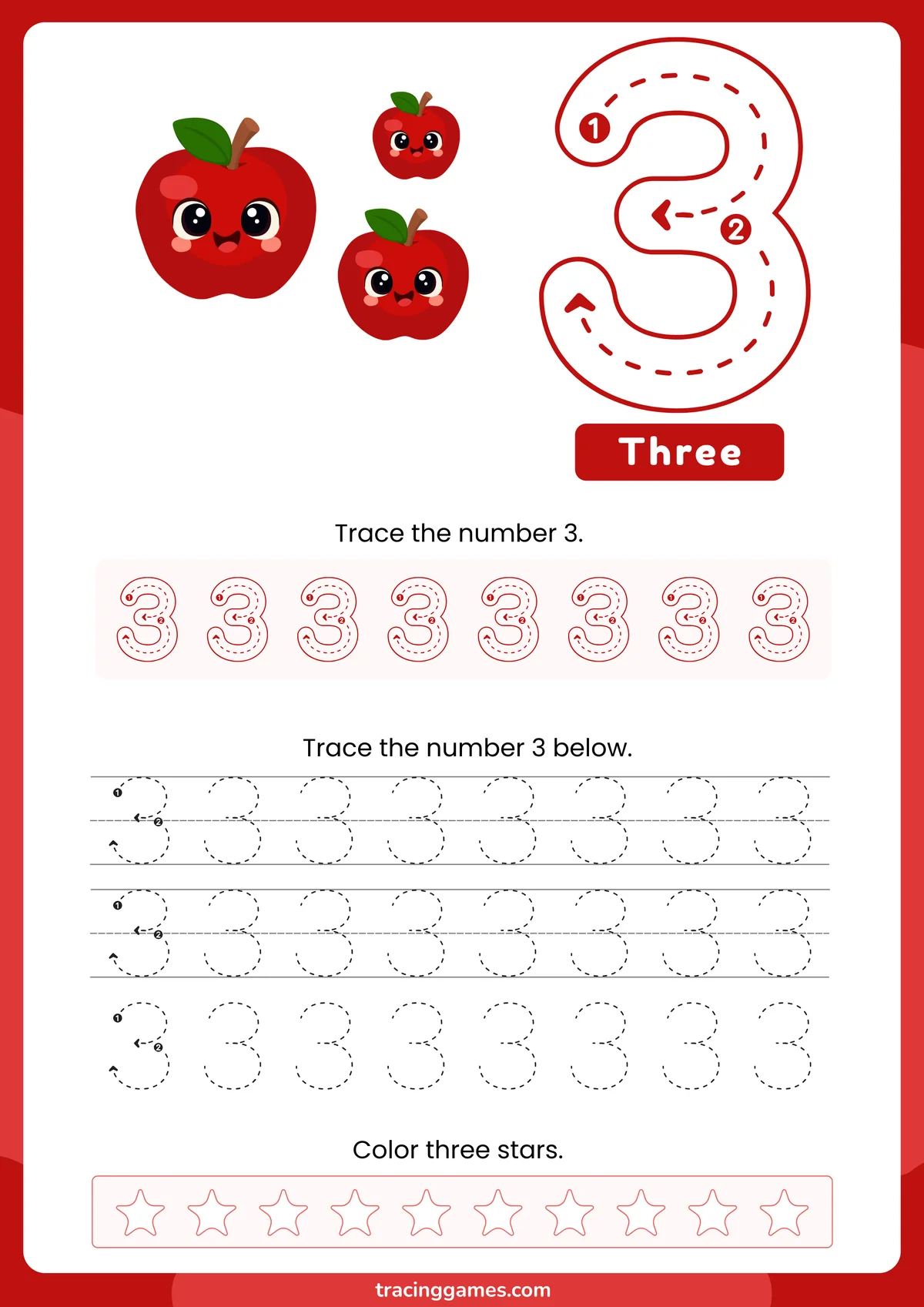 Tracing Number 3 Worksheet
