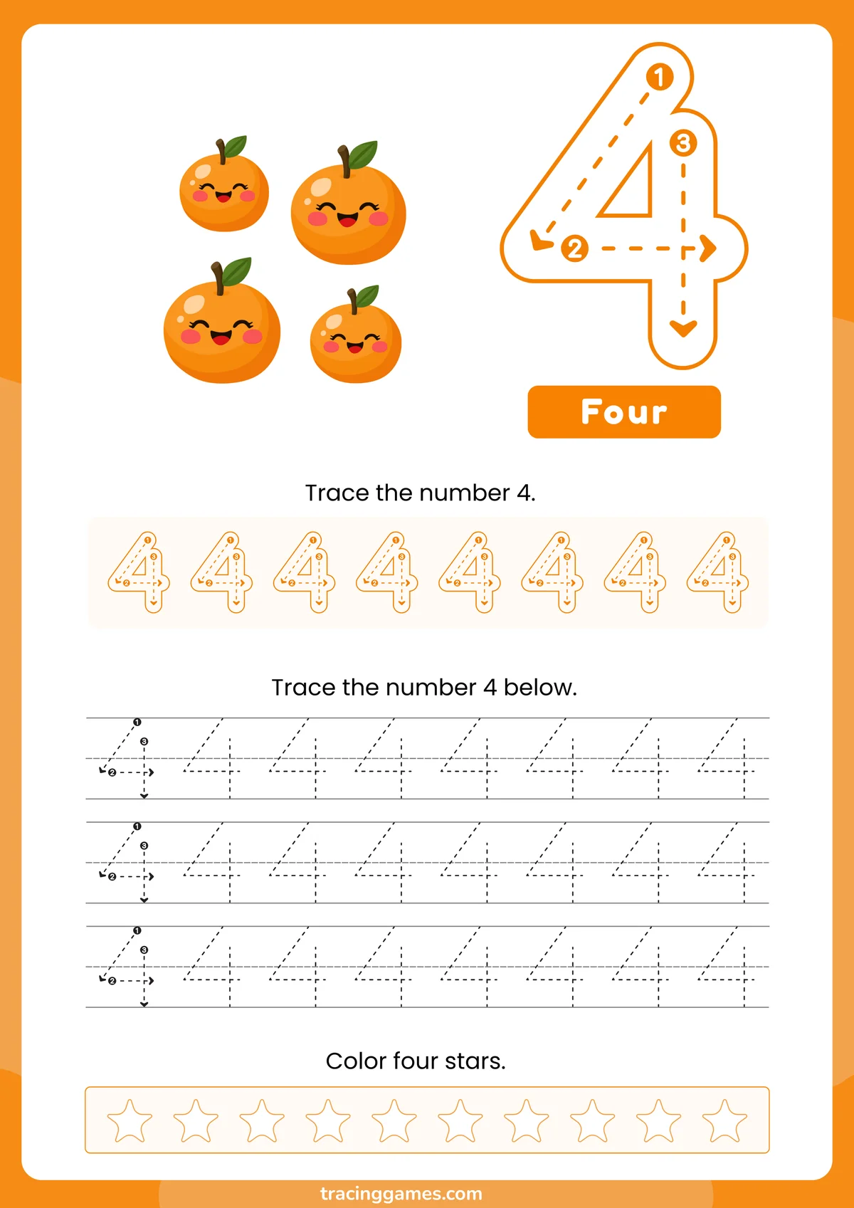 Tracing Number 4 Worksheet