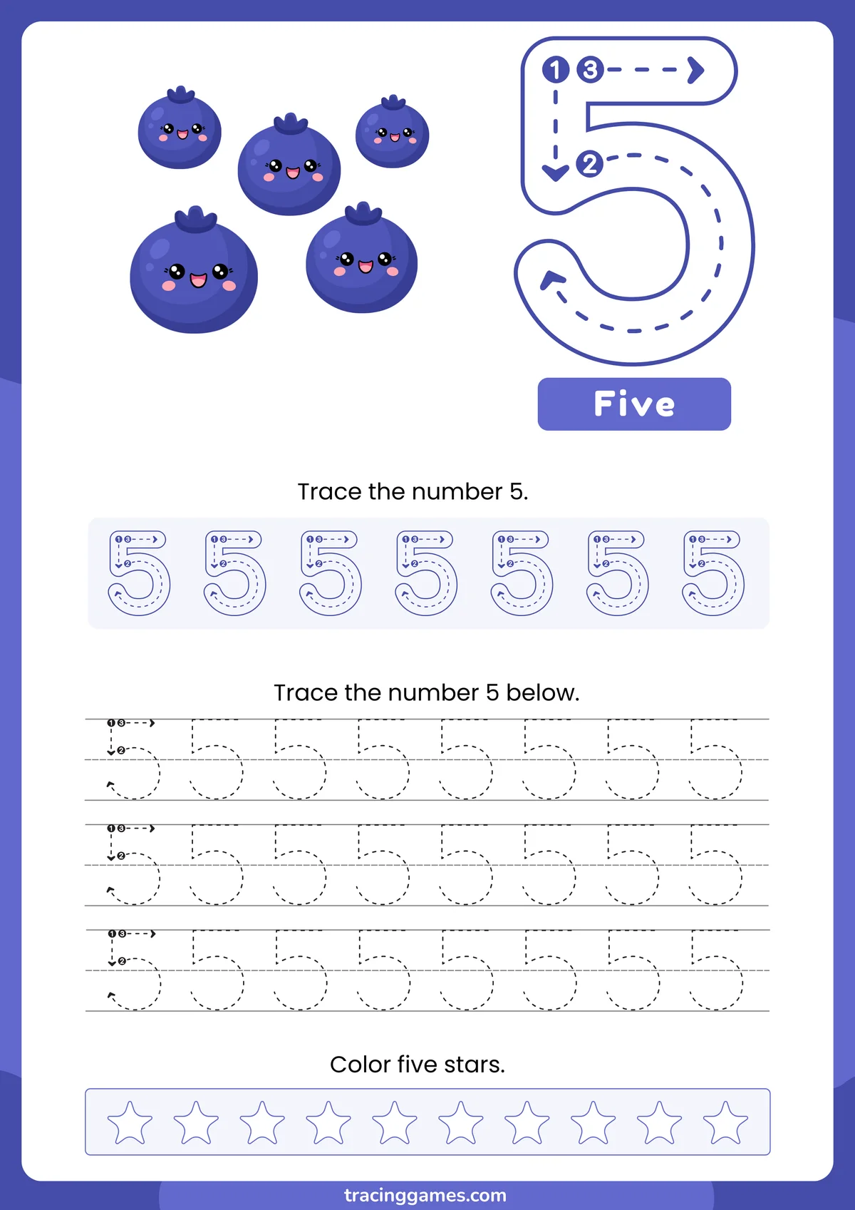 Tracing Number 5 Worksheet