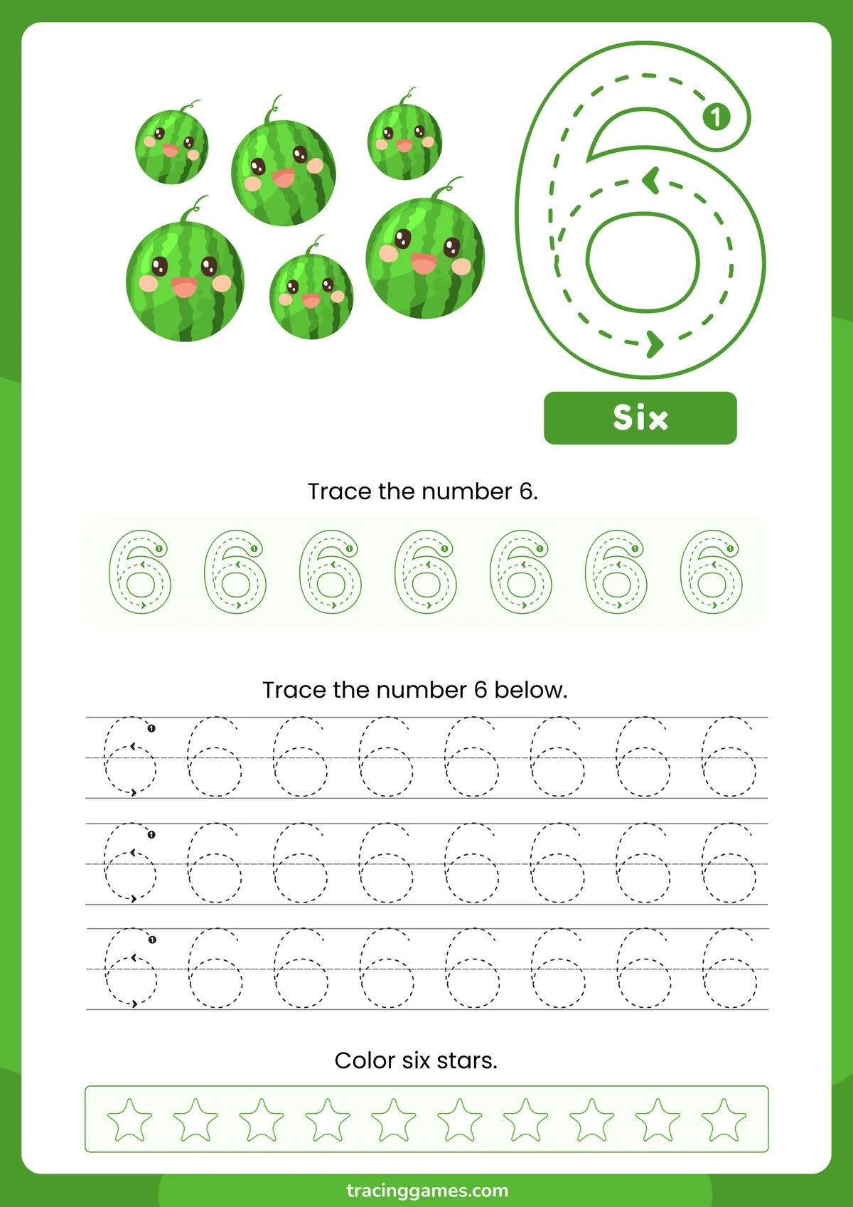 Tracing Number 6 Worksheet