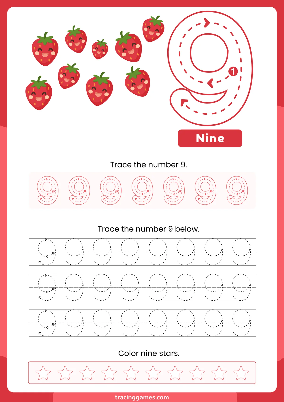 Tracing Number 9 Worksheet
