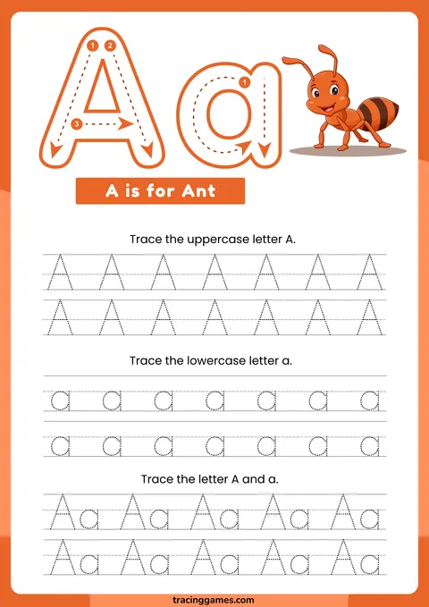 Tracing Letter A Worksheet with Ant