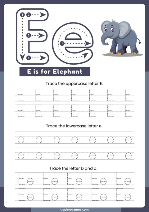 Tracing Letter E Worksheet with Elephant