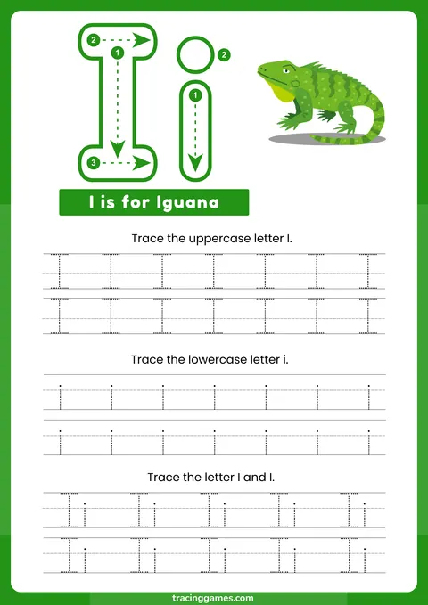 Tracing Letter I Worksheet with Iguana