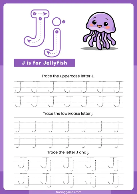 Tracing Letter J Worksheet with Jellyfish