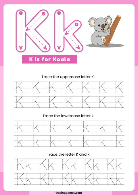 Tracing Letter K Worksheet with Koala