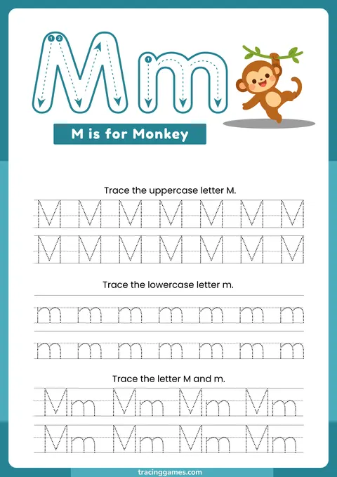 Tracing Letter M Worksheet with Monkey