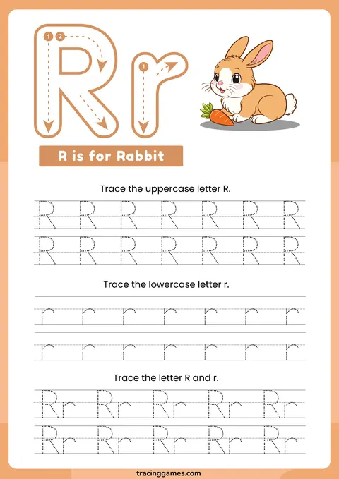 Tracing Letter R Worksheet with Rabbit