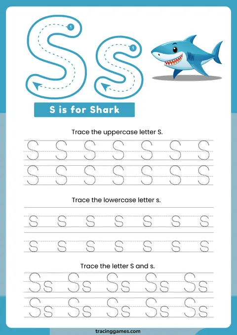 Tracing Letter S Worksheet with Shark