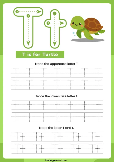 Tracing Letter T Worksheet with Turtle