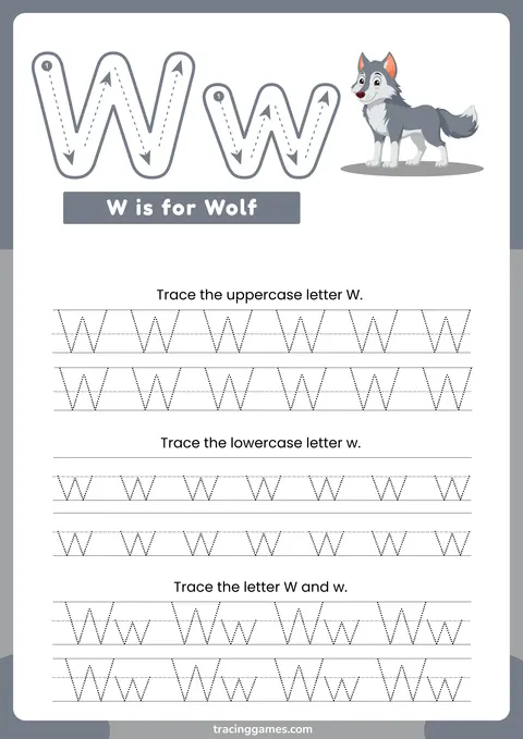 Tracing Letter W Worksheet with Wolf