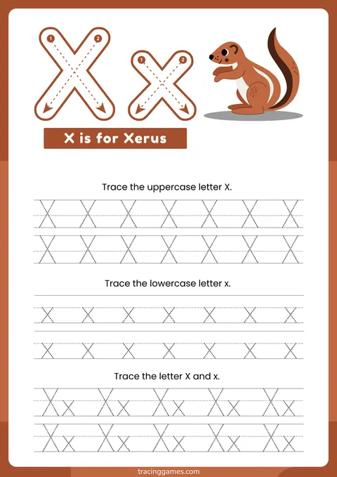Tracing Letter X Worksheet with Xerus