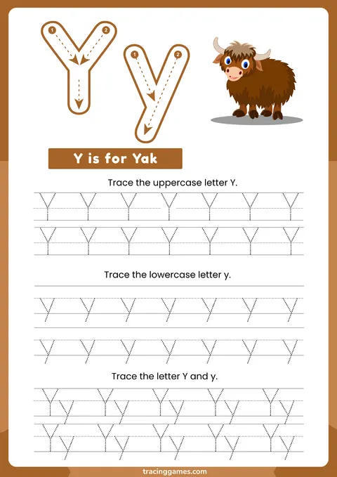 Tracing Letter Y Worksheet with Yak