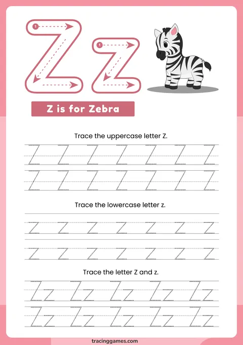 Tracing Letter Z Worksheet with Zebra