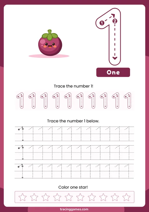Tracing Number 1 Worksheet