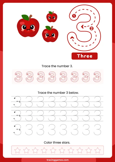 Tracing Number 3 Worksheet