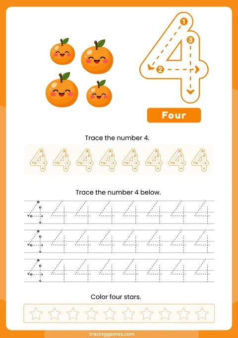 Tracing Number 4 Worksheet