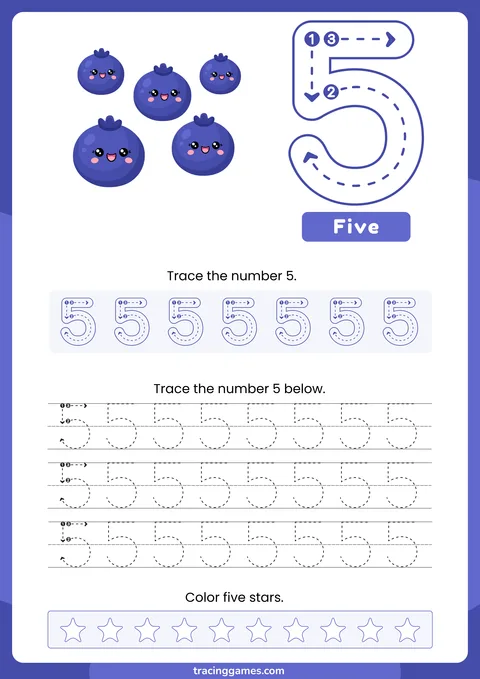 Tracing Number 5 Worksheet